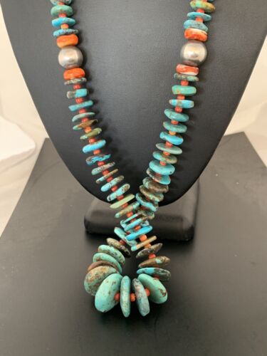 Navajo Sterling Silver Natural Blue Turquoise & Spiny Oyster Graduated Necklace | Authentic Native American | 28" | 331