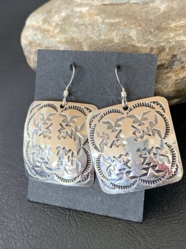 Native American Women's Dangle Earrings | Navajo Sterling Silver Stamped Handmade | 1658