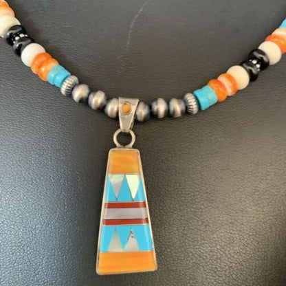 Navajo Multi-Color Turquoise Onyx Inlay Pendant Necklace | Sterling Silver | Authentic Native American Handmade | 13806