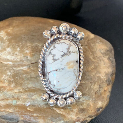 Navajo White Buffalo Turquoise Ring | Sterling Silver | Sz 8.5 | Authentic Native American Handmade | 13348