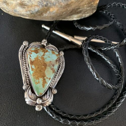 Navajo Green Royston Turquoise Bolo Tie | Sterling Silver | Authentic Native American Handmade | 14109