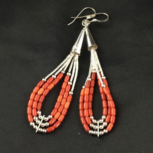 Liquid Silver Heishi Dangle Earrings | Apple Sponge Coral | Sterling Silver | 2.25" | 1977