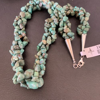 Navajo Green Turquoise Nugget Necklace | 3-Strand Braid | Sterling Silver Pearls | 20" | 11833
