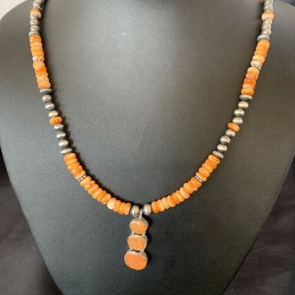 Navajo Pearls Necklace with Orange Spiny Oyster Pendant | Authentic Native American Sterling Silver | Multi-Stone | 12370