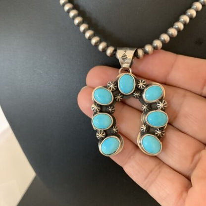 Navajo Sterling Silver Blue Turquoise Squash Blossom Necklace with Naja Pendant | 02011