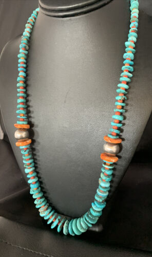 Navajo Natural Turquoise & Spiny Oyster Necklace | Sterling Silver | Authentic Native American | 25" | 13493