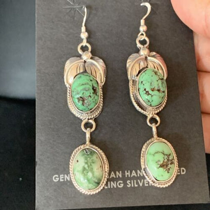 Navajo Green Spiderweb Turquoise Dangle Earrings | Sterling Silver | Authentic Native American Handmade | 13544