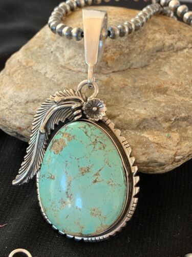 Men's Navajo Pearls | Sterling Silver | Blue Turquoise #8 Necklace & Pendant Set | 13749