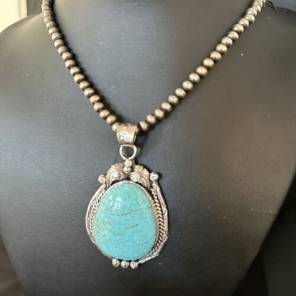 Navajo Blue Turquoise #8 Pendant Necklace | Sterling Silver | Authentic Native American Handmade | 14311