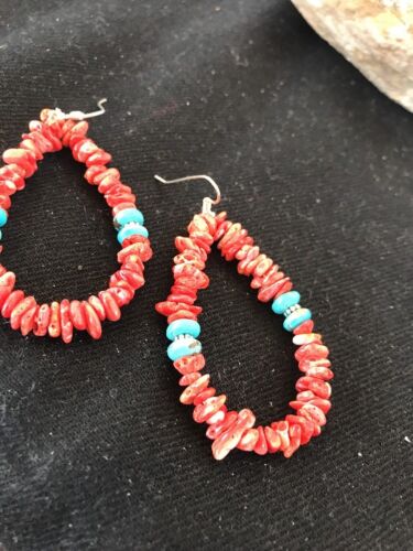 Navajo Sterling Silver Turquoise Spiny Oyster Earrings | 2" | Authentic Native American Handmade | 2038