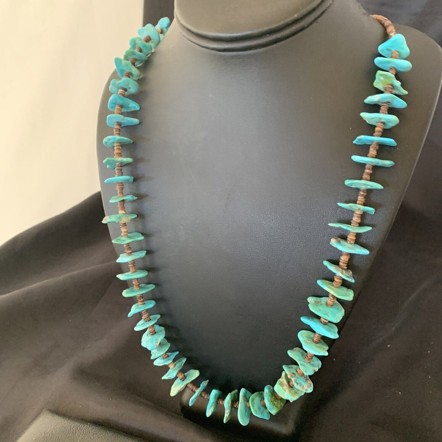 Navajo | Sterling Silver | Kingman Turquoise Shell Necklace | 26" | Authentic Native American Handmade | 11818