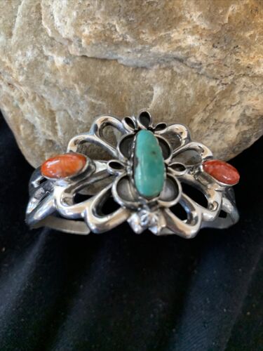 Men's Navajo Kingman Turquoise & Spiny Oyster Bracelet | Sterling Silver | Authentic Native American Handmade | 01032