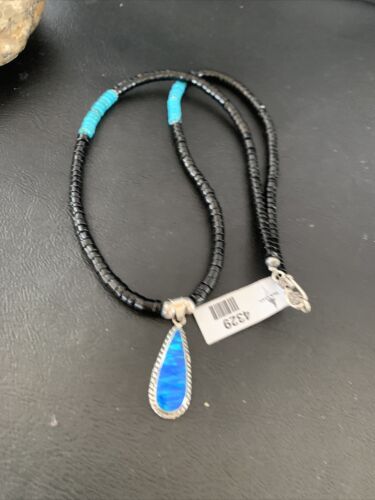 Navajo Opal Pendant Onyx Heishi & Turquoise Necklace | Sterling Silver | Authentic Native American Handmade | 4329