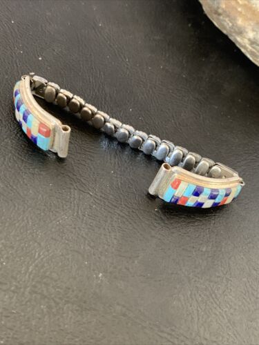 Navajo Sterling Silver Watch Tips with Turquoise, Coral & Mother of Pearl Inlay Band | Authentic Native American Jewelry | 12138