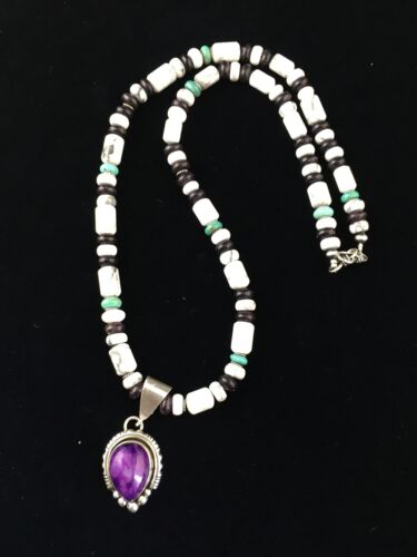 Navajo Purple Sugilite Turquoise Bead Necklace | Sterling Silver | 22" | Authentic Native American Handmade | 10033