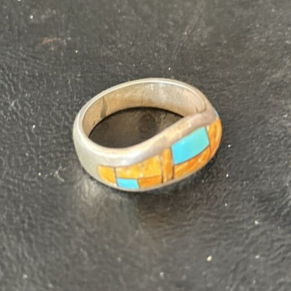 Southwestern Women's Navajo Blue Turquoise Spiny Oyster Inlay Ring | Sz 8 | 14559