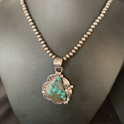 Navajo Spiderweb Turquoise Pendant Necklace | Sterling Silver | 2.25" | Authentic Native American Handmade | 14060