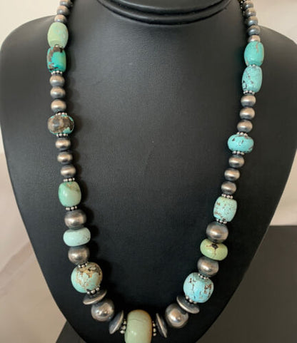 Sterling Silver Navajo Pearls Necklace | Dry Creek Turquoise Beads | Native American Handmade |21" | 01387