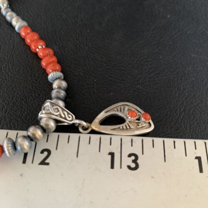 Native American Navajo Red Coral Pendant Necklace | Sterling Silver | 13842