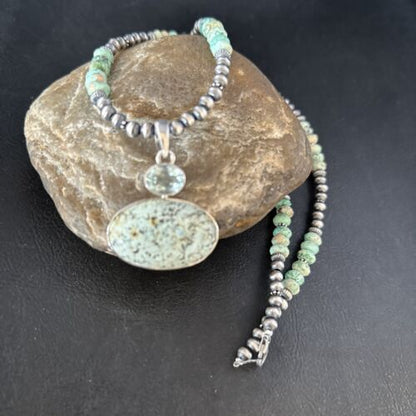 Navajo Sea Green Turquoise Multi-Stone Pendant Necklace | Authentic Native American Sterling Silver | 21" | 14477