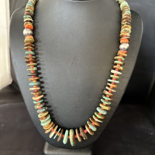 Navajo Turquoise & Red Spiny Oyster Necklace | Sterling Silver | Authentic Native American | 32" | 14379