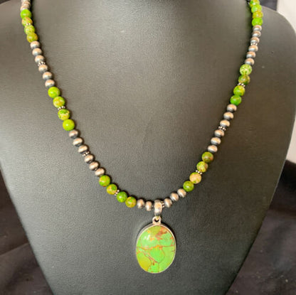 Navajo Pearl Necklace with Green Mojave Turquoise Pendant | Sterling Silver | 11757