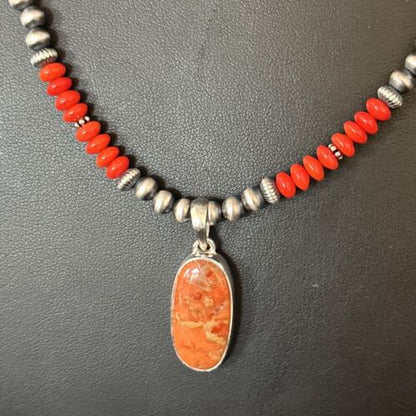 Navajo Red Apple Coral Pendant Necklace | Sterling Silver | Authentic Native American Handmade | 14373