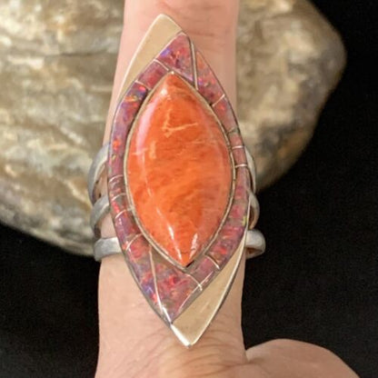 Navajo Red Spiny Oyster Opal Inlay Ring | Sterling Silver | Sz 10 | Authentic Native American Handmade | 12845