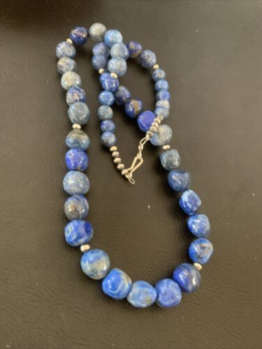 Navajo | Sterling Silver | Handmade Blue Denim Lapis Bead Necklace Pendant | Authentic Native American | 20" | 02206