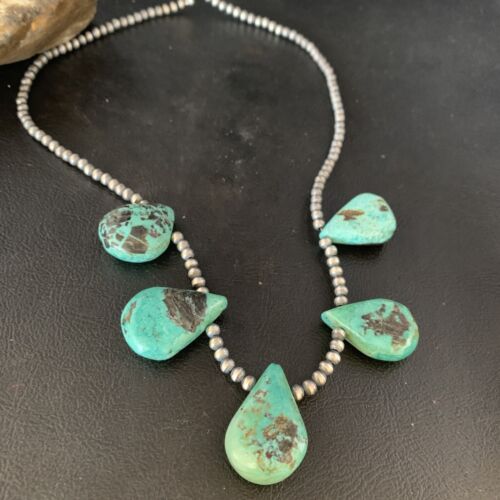 Navajo Teardrop Blue Turquoise Necklace | Sterling Silver Pearls | 20" | Authentic Native American Handmade | 13959