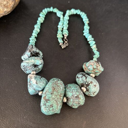 Navajo Blue Turquoise Nugget Necklace | Sterling Silver | Authentic Native American Handmade | 20" | 14419