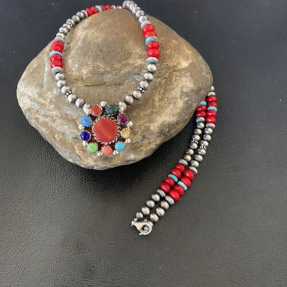 Southwestern Navajo Multi-Stone Necklace | Sterling Silver Coral & Turquoise Pendant | 21" | 12580