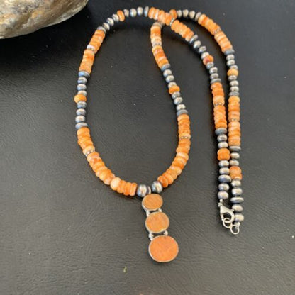 Navajo Pearls Necklace with Orange Spiny Oyster Pendant | Authentic Native American Sterling Silver | Multi-Stone | 12370
