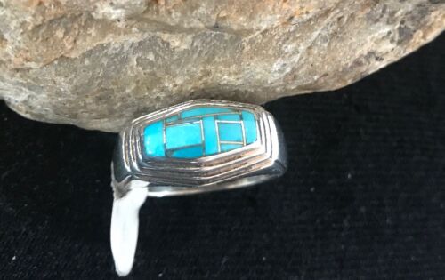 Navajo Sterling Silver Turquoise Inlay Ring | Sz 9.5 | Native American Southwestern | 3434