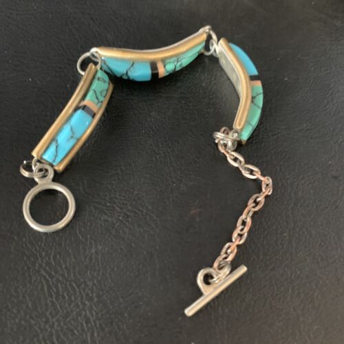 Navajo Blue Turquoise Lapis Inlay Link Bracelet | Sterling Silver | 7" | Authentic Native American Handmade | 13695