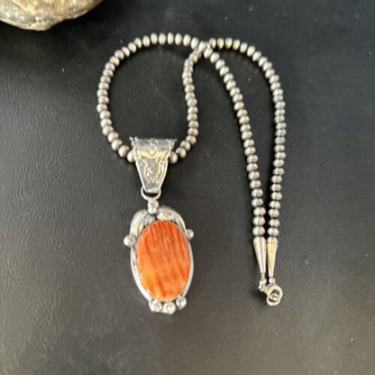 Navajo Pearls Red Spiny Oyster Necklace Pendant | Sterling Silver | Authentic Native American Handmade | 14724 - Masha USA