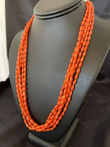 Navajo Orange Coral 5-Strand Necklace | Sterling Silver Barrel Beads | 22" | Authentic Native American Handmade | 10437