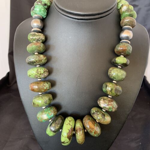 Navajo Chunky Graduated Green Turquoise Necklace | Sterling Silver | Authentic Native American | 19" | 11358