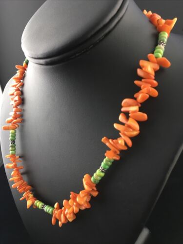 Navajo Orange Coral Turquoise Necklace | Sterling Silver | 18" | Authentic Native American Handmade | 10055