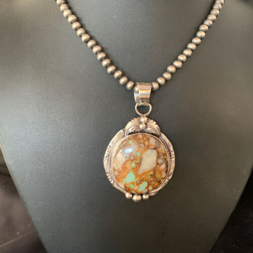 Men's Navajo Boulder Turquoise Pendant Necklace | Sterling Silver | Authentic Native American Handmade | 13658