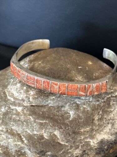 Authentic Native American Navajo Sterling Silver Bracelet | Red Spiny Oyster Inlay | Old Pawn | 14532