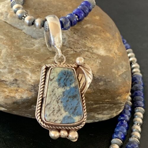 Men's Navajo Pearls Lapis Necklace with Azurite Pendant | Sterling Silver | Authentic Native American Handmade | 01931