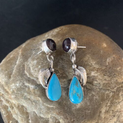 Navajo Sterling Silver Dangle Leaf Earrings | Purple Sugilite & Blue Turquoise | 13443