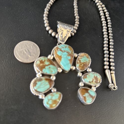 Navajo Blue #8 Turquoise Squash Blossom Necklace Pendant | Authentic Native American Sterling Silver | Naja | 14241