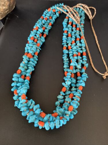 Native American Santo Domingo Spiny Blue Turquoise Shell Jacla Necklace | 5 Strand | 36" | 13194