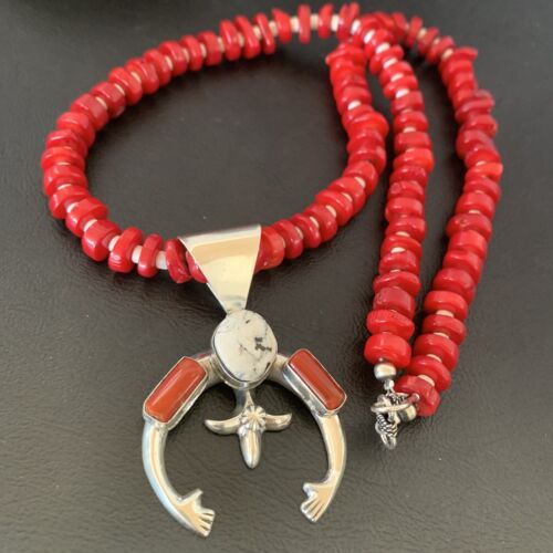 Navajo White Buffalo Turquoise Coral Naja Pendant | Sterling Silver | Authentic Native American Handmade | 10253