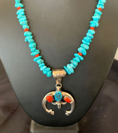 Navajo Sterling Silver Turquoise Coral Pendant Necklace | Authentic Native American Handmade | 11697