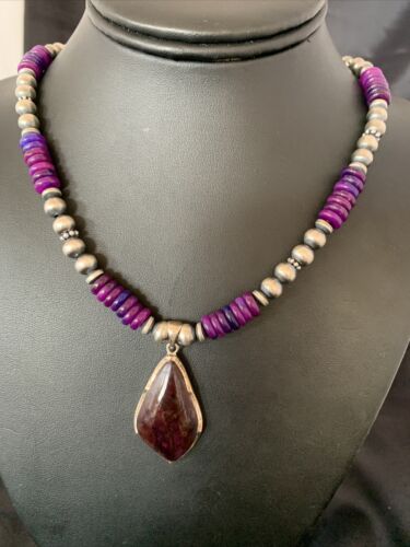 Navajo Pearls Purple Sugilite Necklace Pendant | Sterling Silver | Authentic Native American Handmade | 10328
