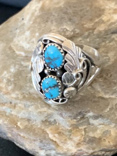 Navajo Blue Kingman Turquoise Feather Ring | Authentic Native American Sterling Silver | Multi-Stone | Sz 11.5 | 12221