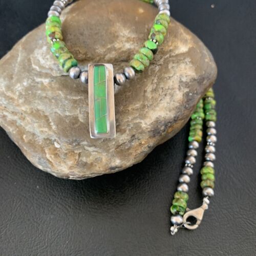 Navajo Green Gaspeite Turquoise Inlay Pendant | Sterling Silver | Authentic Native American Handmade | 13265